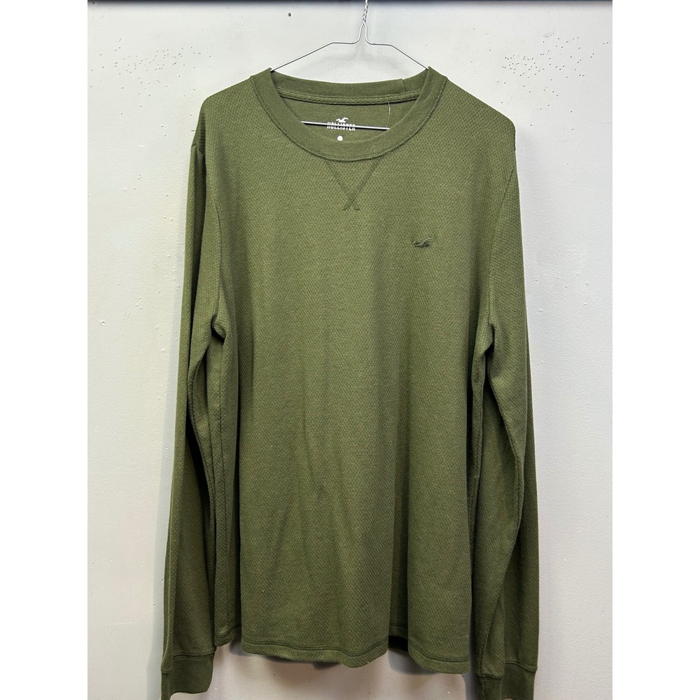 Hollister Thermal Shirt Mens Large Green Waffle Knit Long Sleeve Crew Neck NEW